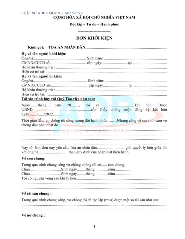 Mẫu đơn xin ly hôn đơn phương 12 MẪU ĐƠN XIN LY HÔN ĐƠN PHƯƠNG - LUẬT SƯ ADB SAIGON