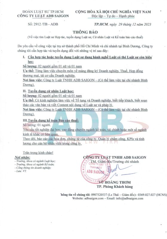 Thông báo tuyển dụng Luật sư, cử nhân Luật và kế toán báo cáo thuế 1 Thông báo tuyển dụng luật sư, cử nhân luật và kế toán báo cáo thuế - Luật sư ADB SAIGON